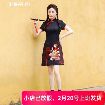 黑色印花年輕改良款中國風旗袍