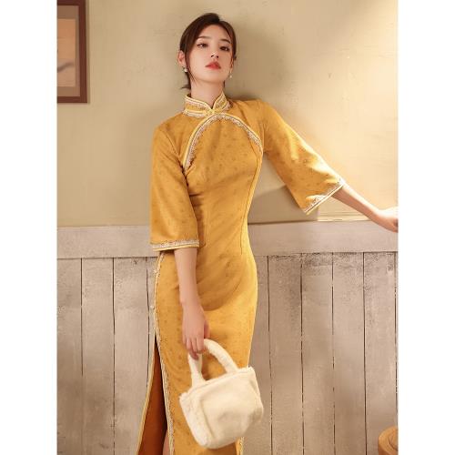 黃色旗袍少女年輕款中長款連衣裙古法倒大袖長袖復古民國風改良版