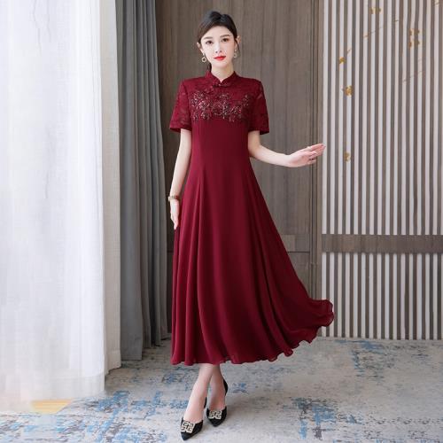 喜婆婆婚宴裝奧戴真絲改良旗袍短袖連衣裙春秋款婚禮媽媽禮服高貴