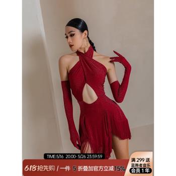 新款YES拉丁舞服裝練功服女成人網紅練習套裝冬季流蘇連衣裙YS489