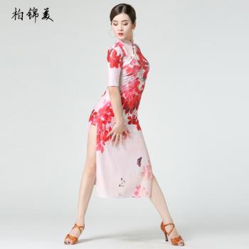 拉丁舞旗袍裙女成人新款服裝中國風復古旗袍連衣裙比賽演出練功服