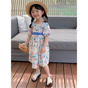女童韓版裙子系帶甜美格子連衣裙兒童公主裙2023夏裝新款外貿童裝