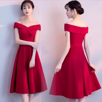 新款2023紅色新娘敬酒服高腰大碼遮肚一字肩伴娘禮服裙日常連衣裙