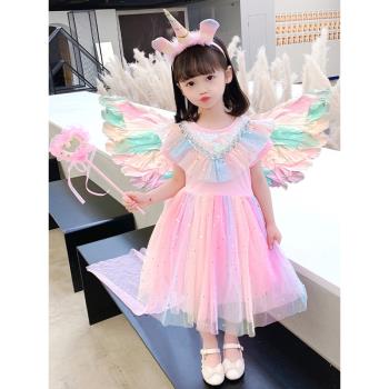 女童獨角獸公主裙彩色愛莎蓬蓬連衣裙v領小天使翅膀表演服萬聖節
