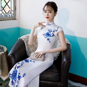 青花時尚清新中國風修身顯瘦絲綢