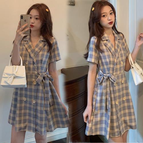 加肥加大碼女裝2025新款胖妹妹氣質收腰格子連衣裙女夏顯瘦A字裙