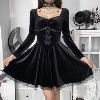 暗黑蕾絲邊長袖連衣裙刺繡