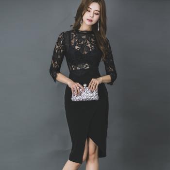 韓版秋裝新款修身蕾絲包臀連衣裙