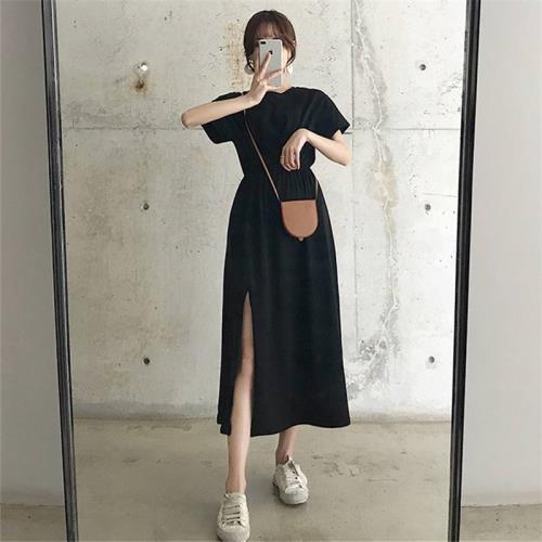 夏裝新款法式溫柔風中長款寬松開叉高腰連衣裙女收腰顯瘦桔梗裙子