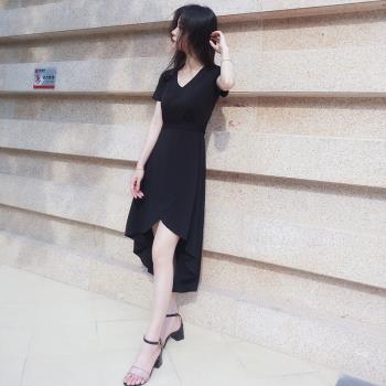 女夏韓版復古V領顯瘦黑色長裙