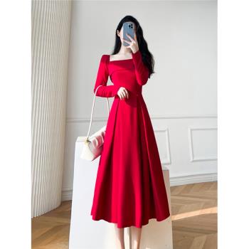 2024春季新款法式復古氣質女神範平時可穿訂婚宴會紅色禮服連衣裙
