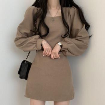 韓國chic顯瘦方領高腰短款連衣裙