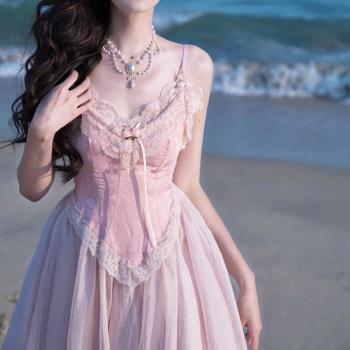 法式炸街茶歇奶甜在逃公主裙可甜可鹽粉色玫瑰純欲絕美吊帶連衣裙