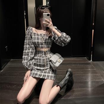 小香風氣質女神範格紋泡泡袖上衣