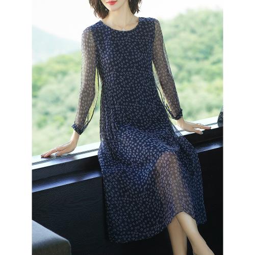 杭州真絲連衣裙女春夏2025年新款圓領氣質修身顯瘦印花桑蠶絲長裙