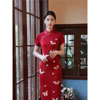 簡麗2025新款復古修身醋酸蝴蝶繡花高階長款旗袍紅色女連衣裙禮服