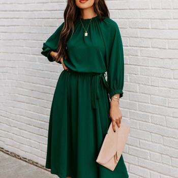 Spring And Autumn Women's Green Fashion Lace Up Dresses