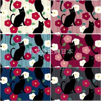 日本進口黑貓與椿純棉和風連衣裙襯衫手工拼布藝服裝抱枕衣服面料