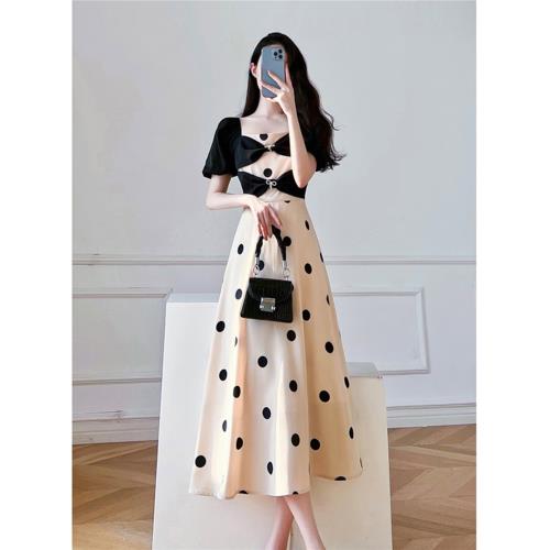 2025夏季新款收腰顯瘦法式復古小香風氣質蝴蝶結波點長裙連衣裙女