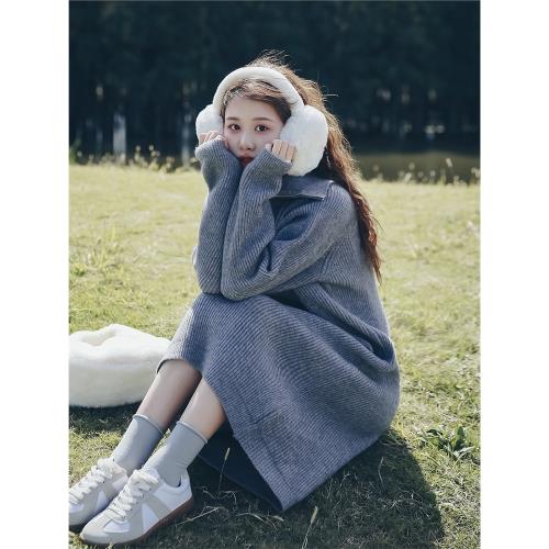 半拉鏈毛衣長裙女中長款針織連衣裙2022秋冬新款小個子寬松衛衣裙