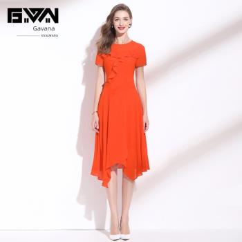氣質橙色設計感不規則雪紡連衣裙