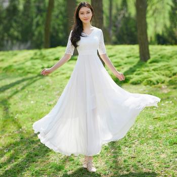 v領2024新款時尚氣質白色蕾絲長裙長款大擺雪紡連衣裙法式