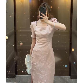 粉色夏季名媛氣質方領旗袍裙