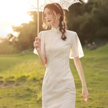白色復古旗袍2023年新款少女夏年輕款改良女裝連衣裙民國風小個子