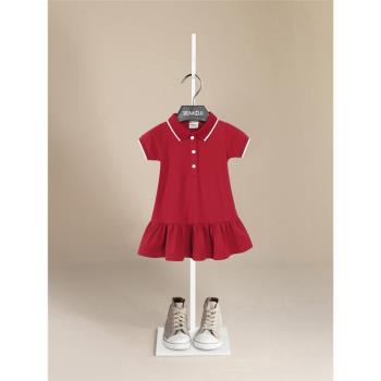 女童紅色短袖連衣裙夏裝兒童純色polo裙寶寶公主裙小女孩裙子童裝