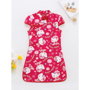 兒童旗袍夏季女童中大童寶寶純棉中國風卡通短袖旗袍演出服連衣裙
