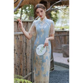 春季年輕款中國風藍色蝕骨旗袍