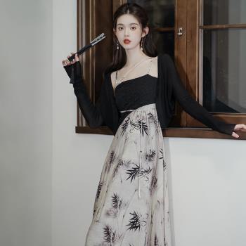 春夏女裝復古新中式國風吊帶連衣裙+防曬開衫高級感氣質度假長裙
