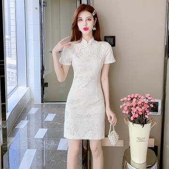 米色蕾絲旗袍新款夏季中國風年輕款少女改良小個子連衣裙清新短款