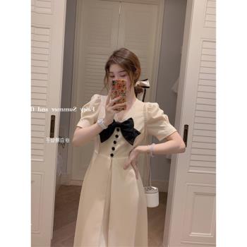 小個子高階感法式氣質溫柔小香風杏色連衣裙子小眾設計長裙女夏季