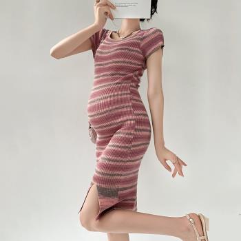 夏季孕婦裝連衣裙高級氣質懷孕期修身性感夏裝短袖針織條紋裙子女