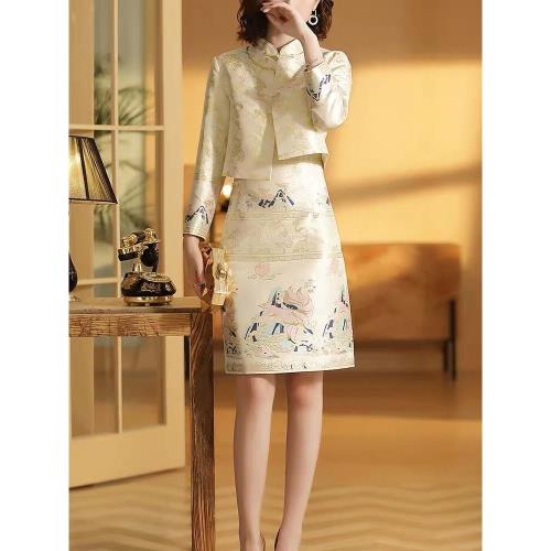 新式改良版旗袍女中國風連衣裙禮服套裝年輕款春秋款民國風兩件套