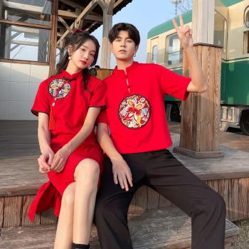 2025夏季新款中國風唐裝改良旗袍紅色情侶裝結婚演出服新娘回門服