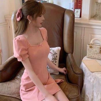 性感開叉修身顯瘦方領粉色短裙