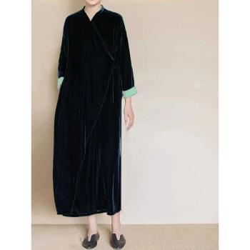 秋季新款法式重工復古高級感冷淡風氣質名媛高端黑色絲絨連衣裙子