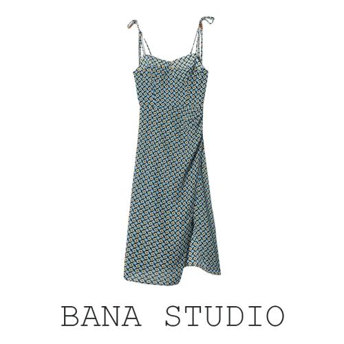 BANA外貿幾何花色不對稱開叉雪紡吊帶裙連衣裙2022新款女夏長裙