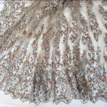SASKIA粉藍花朵網紗刺繡蕾絲面料釘珠婚紗禮服連衣裙服裝布料DIY