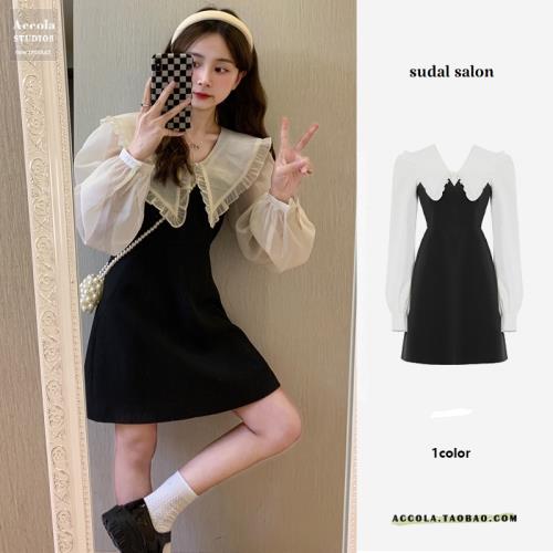2025春新款顯瘦小黑裙奶甜娃娃領假兩件溫柔氣質約會連衣裙小個子