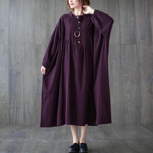 大碼女裝純色棉麻連衣裙燈籠袖立領禪意袍子胖mm顯瘦亞麻長款裙子