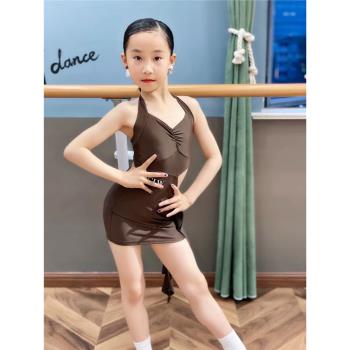 CLW舞服女童拉丁舞訓練服表演演出專業成人吊帶兒童練功拉丁舞裙