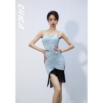 【CHICA 舞服】美辰2023新款透氣拉丁舞服套裝運動藍色流蘇連衣裙