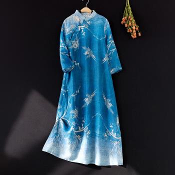 中式復古夏季棉麻印花過膝旗袍裙
