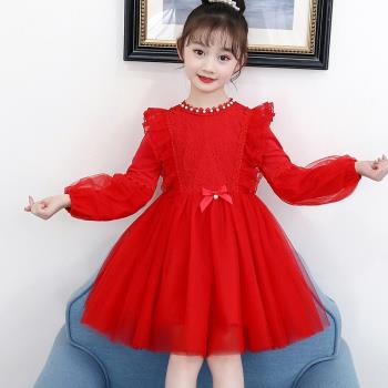 女童連衣裙春秋新款兒童公主裙子紅色夏季幼兒園白色舞蹈演出禮服