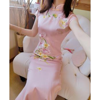 花朵長款旗袍裙中式修身顯瘦刺繡