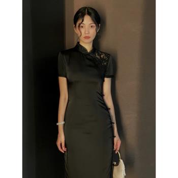 新中式改良旗袍夏季氣質顯瘦高端精致法式別致復古國風黑色連衣裙