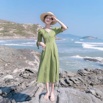 小清新夏季復古甜美綠色長款裙子